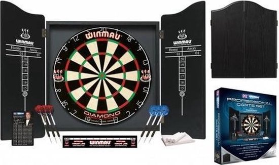 WINMAU - Professionele Dart Set met Diamond Plus Bristle Dartbord, Zwarte Kast, met 2 sets darts en officiële oche-lijn