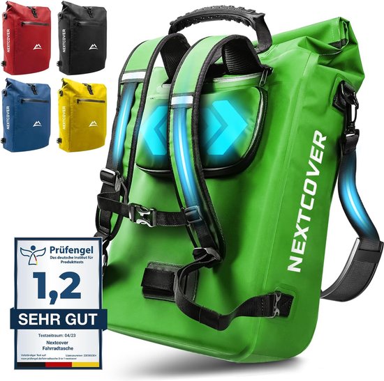 NEXTCOVER® NIEUW 3-in-1 fietstas voor bagagedrager [Aquashield] - Reflecterend bagagedragertas waterdicht - rugzak en schoudertas [25 liter]- Groente