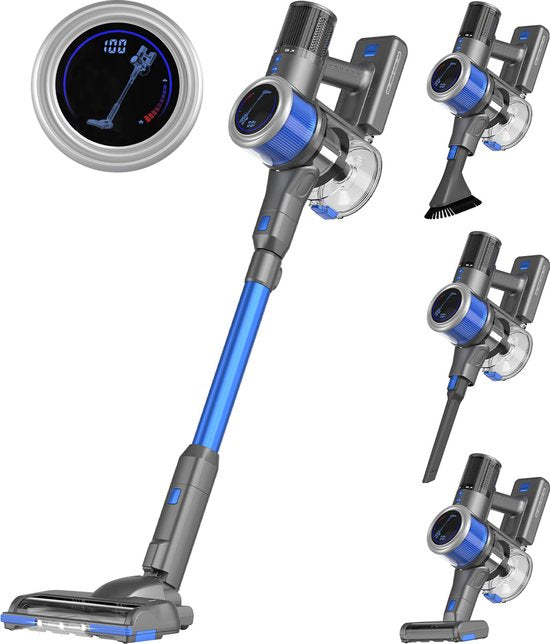 Auronic Steelstofzuiger Draadloos 350W - Draadloze Stofzuiger - HEPA Filter - Zelfstaand - Op Accu - Zonder Zak - Kruimeldief - Vacuum Cleaner - Grijs/Blauw