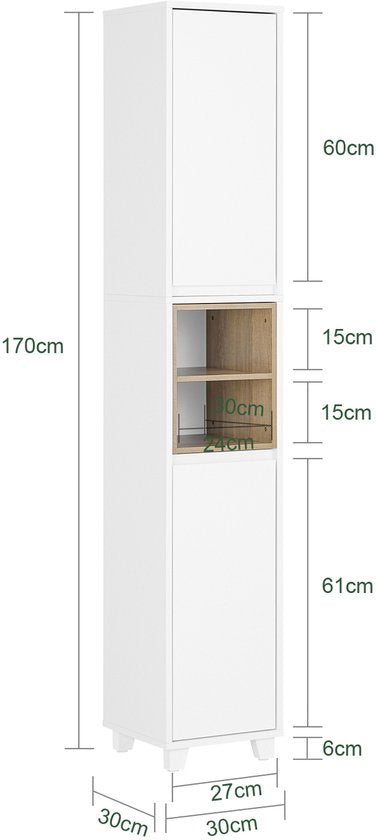 SoBuy BZR147-W Badkamerkast - Witte Hoge Kast met 2 Deuren & Vakken