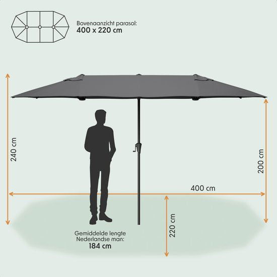 LifeGoods Dubbele Parasol - Tuin - 220x400cm - tot 8 Personen - Waterdicht - UPF50+ - Donkergrijs