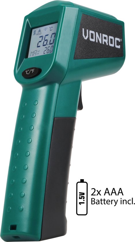 VONROC Digitale infrarood thermometer – Laser – Meetbereik -40°C tot 530°C – Incl. 2 batterijen