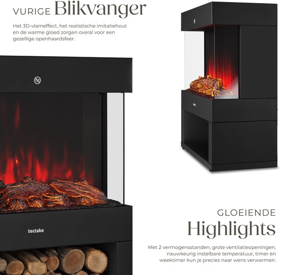 tectake® Elektrische Haard - Sfeerhaard - 900W & 1800W - Vrijstaand - Kachel - met Verwarming - Haarden - met Hout en Gloeieffecten - 3D Vlammen - Timer