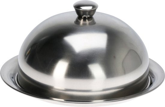 Excellent Houseware serveerschaal stolp met dienblad - zilver - rvs - D25 x H12 cm - voedsel serveren - met deksel