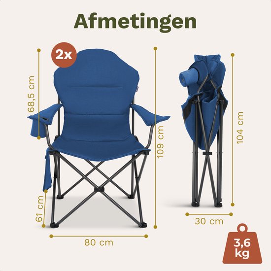 TRVLMORE Campingstoelen XXL - Opvouwbaar - 2-Pack - 160KG Draagvermogen - Incl. Draagtas - Klapstoel - Visstoel - Kampeerstoel - Vouwstoel - Blauw