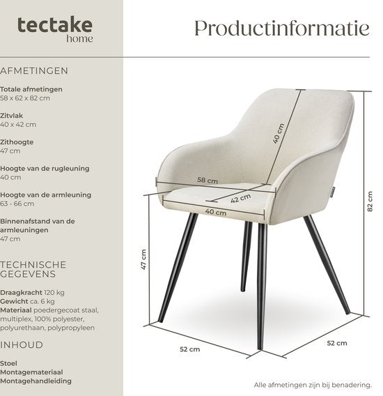 tectake® Eetkamerstoelen Marilyn - Gestoffeerde Stoelen met Koordlook/ribstof - Zwarte Stoelpoten - Ergonomische Keukenstoel - Stoel voor Eetkamer, Woonkamer, Slaapkamer - Creme
