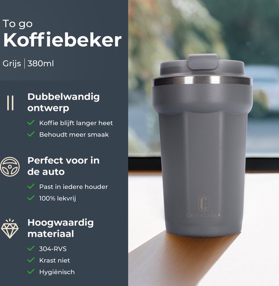Castagnola Thermosbeker - Koffiebeker To Go - Travel Mug voor Koffie en Thee - Theebeker - 380 ML - RVS - Grijs - Octagon
