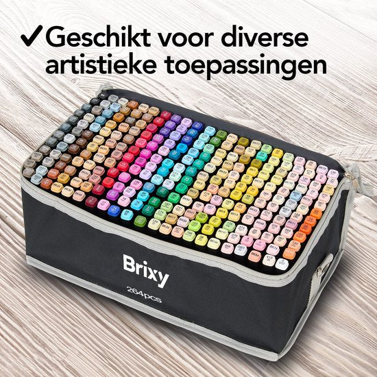 Brixy Twinmarkers 264 Stuks - Professionele Alcohol Markers - Dubbelzijdige Tip - Stiften - Opbergtas Met Houder