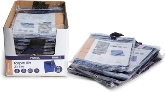Perel Dekzeil, ultrasterk, 26 ringen, versterkte hoeken, rechthoekig, blauw/zwart, 180 g/m², 5 x 8 m