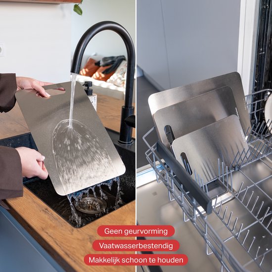 AoraKitchen Snijplank RVS - Set 3 Stuks - Snijplanken - Vaatwasserbestendig - Titanium Gestabiliseerd