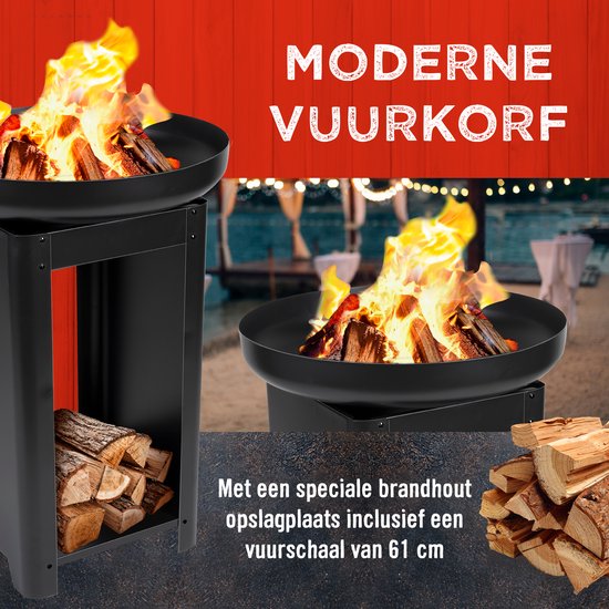 BBQ Collection 3-in-1 Vuurkorf en Grillplaat - Tuinhaard 61 x 90 cm - met Teppanyaki Bakplaat - Plancha BBQ met Brandhout Opslagplaats - Vuurkorf voor Buiten - Metaal