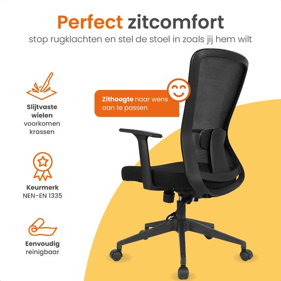Goliving Ergonomische Bureaustoel - Kantoorstoel - Office Chair - Verstelbaar - Op Wieltjes - Voor Volwassenen - NEN-1335 - Zwart