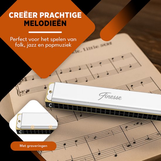 Finesse Mondharmonica - C Majeur - 24 Gaten - met Case - voor Volwassenen & Kinderen - Zilver