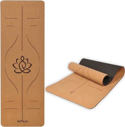 DH FitLife Yogamat van kurk & TPE, mat 183 x 61 x 0,6 cm, fitnessmat, antislip en milieuvriendelijk, sportmat van nature zelfreinigend, yogamat met oriëntatielijnen (grote lotos)