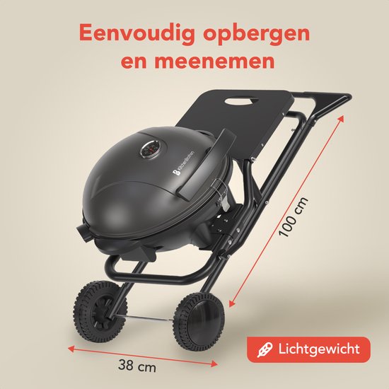 KitchenBrothers Elektrische BBQ - Opvouwbaar - Barbecue met Wielen - Anti-aanbaklaag - Zijtafel - tot 250°C - 2400W - Zwart