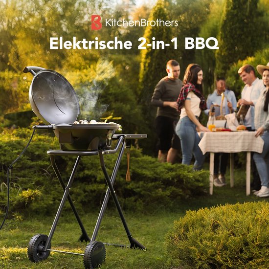 KitchenBrothers Elektrische BBQ - Opvouwbaar - Barbecue met Wielen - Anti-aanbaklaag - Zijtafel - tot 250°C - 2400W - Zwart