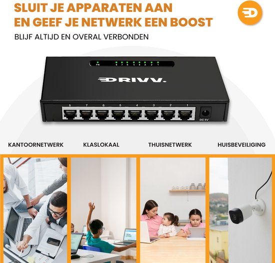 Drivv. Netwerk Switch - 8 Poorten - Internet Switch - RJ45 splitter - zwart