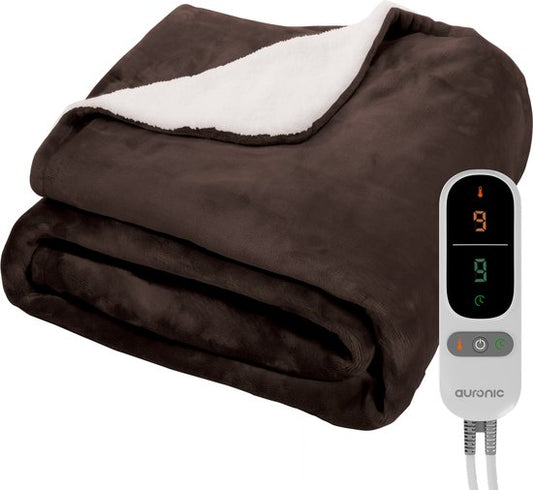 Auronic Elektrische Deken - Warmtedeken - Sherpa Fleece - 9 Hitte en Timerstanden - Bovendeken - 180x130 - 1 persoons - Bruin