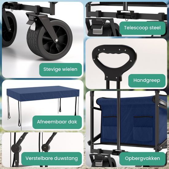 Avalo Bolderkar Met Dak XL Opvouwbaar - Tot 110KG Draagvermogen - 120L - 97x60x105 CM - 360º Wielen - Bolderwagen / Bolderkarren / Strandkar / Trekkar / Plooibare Bolderkar - Voor Strand - Blauw