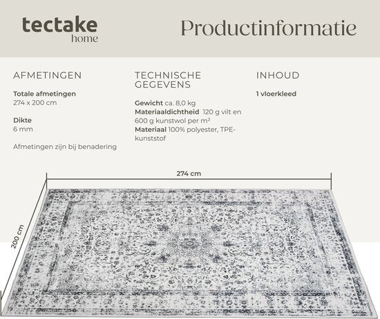 tectake - Vintage design tapijt - laagpolig vloerkleed - Aliya - 200cm x 274cm - grijs