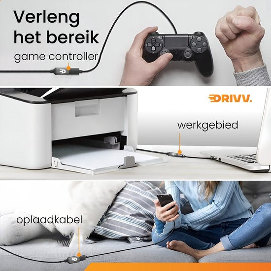 Drivv. Premium USB Verlengkabel 3.0 - Mannelijk naar Vrouwelijk - USB Datakabel - Snelle Overdracht - 5Gbps - Nylon - 1 Meter - Zwart