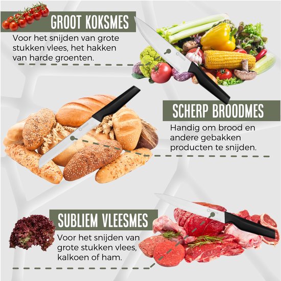 COOCK - Messenset met Blok en Vouwbare Snijplank – Keukenmessen - Schaar - Aanzetstaal (Messenslijper) – 15-Delige Keukengerei Set in Messenblok - Met Krasbestendige Coating - RVS/Zwart