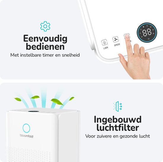 Bloomfold Luchtontvochtiger - 12L per Dag - Incl. Was-droog Functie - Geschikt voor Woonkamer, Slaapkamer, Kelder & Badkamer - Dehumidifier - Wit