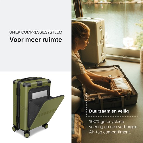 ONYX Hybrid Pro Handbagage Koffer met Voorvak 38 Liter - Gerecycled Polycarbonaat en Ritsloos Design - Reiskoffer met TSA slot en Spinner wielen - Lichtgewicht Trolley met Laptopvak - Olive Green