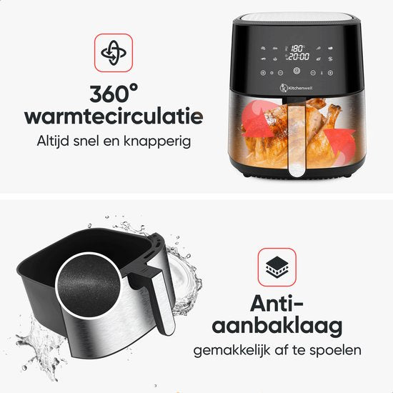 Kitchenwell AirFryer - Heteluchtfriteuse - 8L Inhoud - 80-200℃ - Timer - 1800W - Zwart