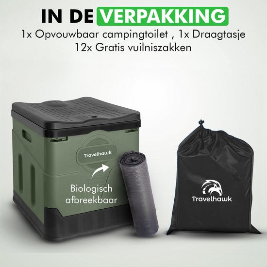 Travelhawk Campingtoilet – Draagbaar & Opvouwbaar – Inclusief 12 Biologisch Afbreekbare Zakjes – Ideaal voor Kamperen, Festivals & Outdoor