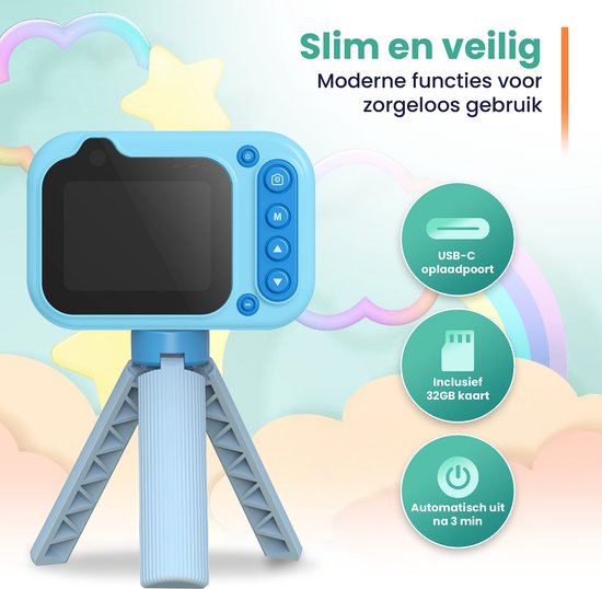 ODESSEY Waterdichte Kindercamera - met Tripod - Full HD - Selfie Camera - 32GB SD Kaart - Foto - Video - Spelletjes - Digitale Camera Kinderen - Fototoestel voor kinderen - Blauw