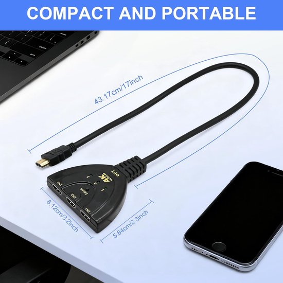 HDMI splitter - HDMI switch - 4K Ultra HD - 3 ingangen - 1 uitgang - HDMI Splitter - Hoge snelheid 3 poorten - Splitter 3-in-1-uitgang - geschikt voor tv, pc, Roku, Fire TV Stick, Xbox, PS5, PS4, Blu-Ray, projector, HD-monitor