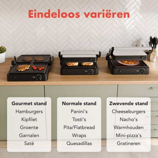 KitchenBrothers Contactgrill - Grill Apparaat - Uitneembare Grillplaten - Panini Grill - 3 hoogtestanden - Tosti ijzer - 2000W - RVS