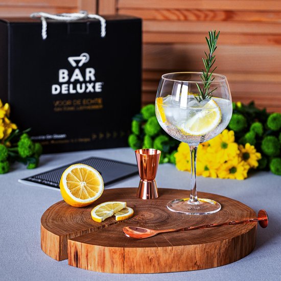 BarDeluxe® Gin Tonic Glazen - 500ml - Gin Tonic Geschenkset - Handgeblazen - Gin Glazen - 2 Stuks - Gin Set - Kristal - Cadeau voor Vrouw - Cadeau voor Man - Inclusief 2 Gin Glazen, Gin Tonic Lepel, Maatbeker, 2 RVS Rietjes & Receptenboekje