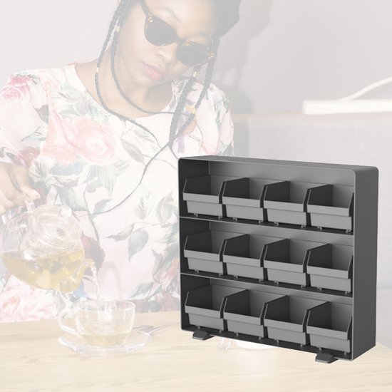 BRASQ Thee Organizer Zwart TB200 - Theedoos 12 vaks - keukenorganizer - Theedoos - Theezakjeshouder - Ruimtebesparend Opbergsysteem