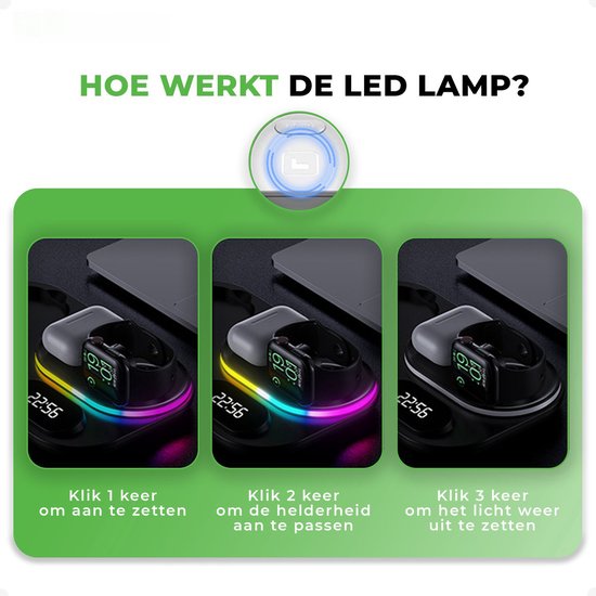 iSetchi Draadloze Qi Oplader 15 Watt Snellader (4-in-1) - Met Quick Charge 3.0 adapter, LED Klok & LED Lamp - Qi Oplaadstation