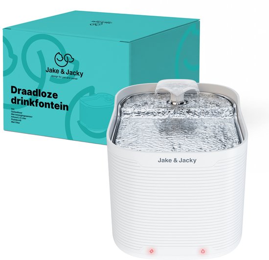 Jake & Jacky Drinkfontein RVS Draadloos Kat en Hond - Met Sensor en Accu - Waterfontein Kat - Kattenfontein - Waterbak - Fluisterstil - Incl. Filter - 2,5L - Wit