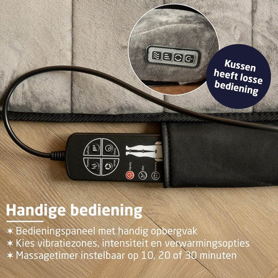 BREND Elektrische Massagemat & Kussen – Massagematras met Warmte - 5 Vibratiestanden & 3 Intensiteiten – 170X55 CM – Grijs - BR-2230
