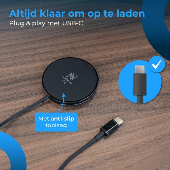 Nuvance Draadloze Oplader - 15W Snellader - Geschikt voor Magsafe - Wireless Charger - Incl. Usb-C Kabel - Zwart