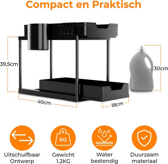 Posity Gootsteenkast Organizer - Keukenkastje Organizer - Schuiflade - Kast Organizer - Badkamer Organizer - Aanrecht Organiser - 2 Uitschuifbare Lades - Zwart
