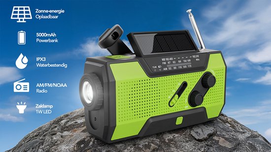 Brixy Noodradio - Radio Met Accu Batterij Voor Noodsituaties - 5000 MAH - Opwindbaar - Solar - Zaklamp - Powerbank - Groen