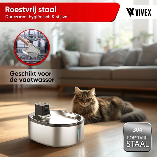 Vivex® Draadloze Drinkfontein - RVS - 4,5 Liter - Waterfontein voor Katten en Honden - Met Sensor en Accu - Incl. 6 Filters en cleaning - Fluisterstil