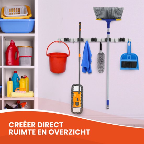 TTD® Luxe XXL Bezemhouder – Zelfklevend – 5 Ophanghaken & 6 Gereedschapsklemmen – Tuingereedschap – RVS