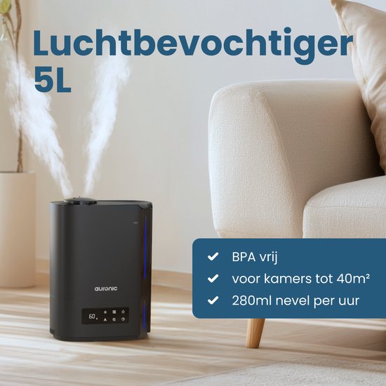 Auronic Luchtbevochtiger - 5 Liter - Geschikt voor Woonkamer, Kantoor, Slaapkamer, Babykamer en Meer - BPA-Vrij - Zwart