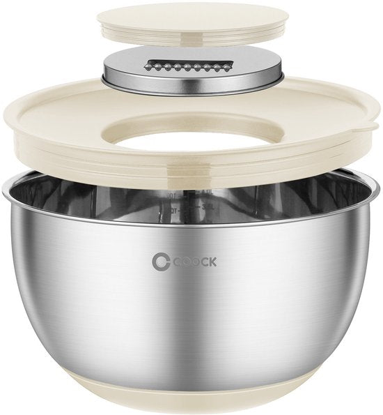 COOCK RVS Mengkommen set met Deksel - Beslagkommen met deksel - Bewaarbak met Rasp - Schaal voor Salades & Mengen - 22 Delige Set 1,5 t/m 5 Liter – Beige - Incl. Maatschepjes