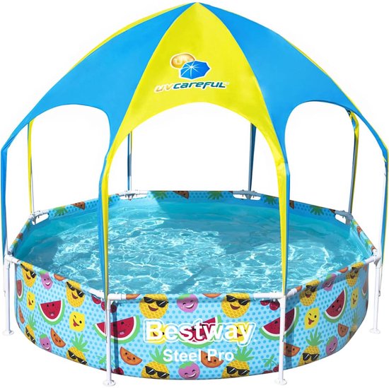 Bestway Steel Pro Kinderzwembad – UV Zonnescherm & Verkoelende Watersproeier – 244x51 cm