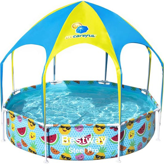 Bestway Steel Pro Kinderzwembad – UV Zonnescherm & Verkoelende Watersproeier – 244x51 cm
