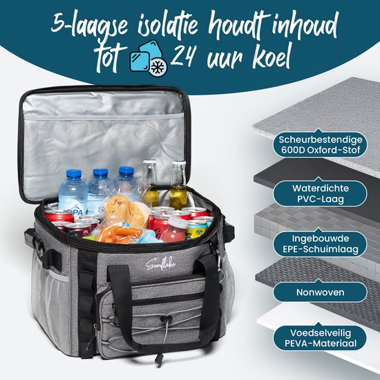 Koeltas Groot - 22 Liter - 5 Laags Geïsoleerde Picknicktas voor Volwassenen - Lunchtas - Grijs - Sunflake