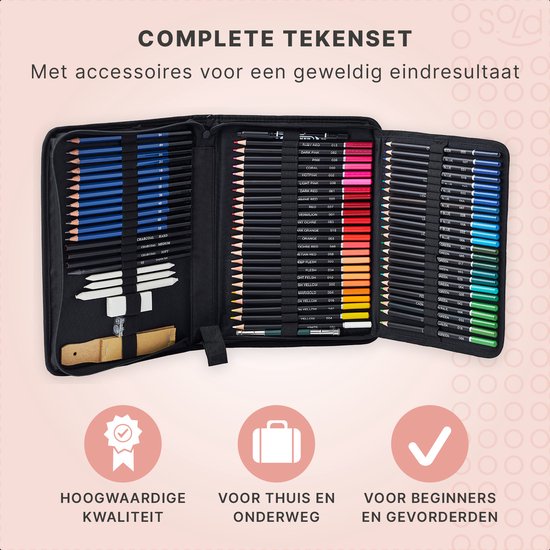 S.old Kleurpotloden - Potlodenset - Schetspotloden - Tekenset 97 delig - Houtskool Tekenen - Incl. Gum Puntenslijper & Etui