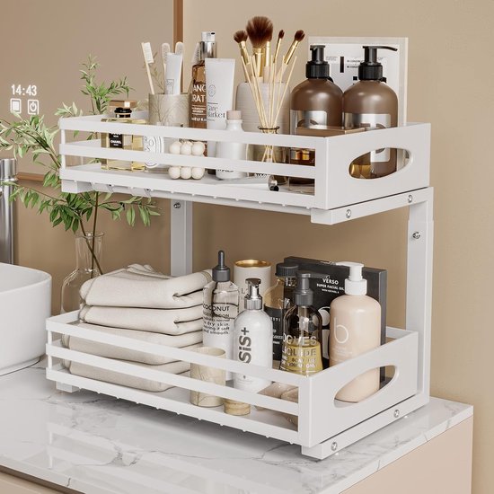 Posity Keukenkast Organizer - Gootsteenkast Organizer - Aanrecht Organizer - Opbergrek - Badkamer Organizer - Keukrenrek - Uitschuifbaar - Metaal - Wit